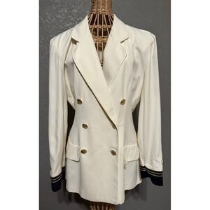 Lois Snyder Dani Max‎ Double Breasted Blazer 10 Gold Buttons Navy Trim Military